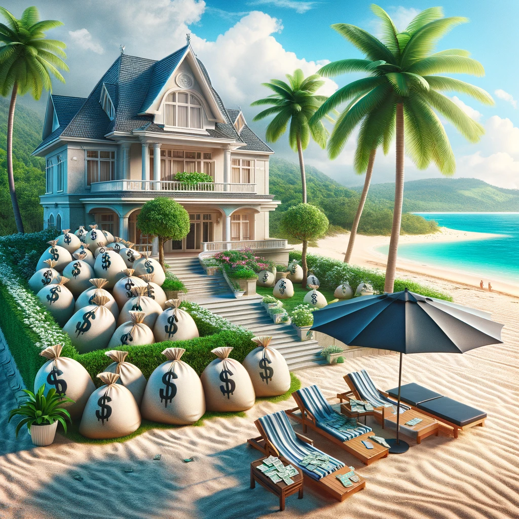 Une maison avec un jardin remplis d'argent donnant sur la plage